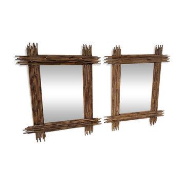 Duo de grands miroirs vintage en bambou, années 70
