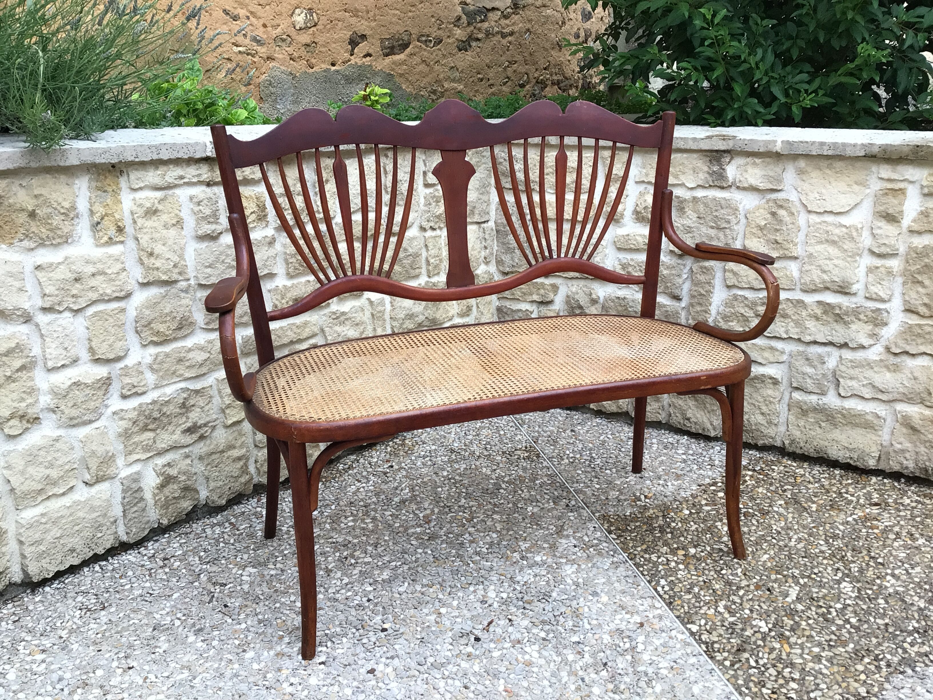 Sofa bench in curved wood and rattan fischel