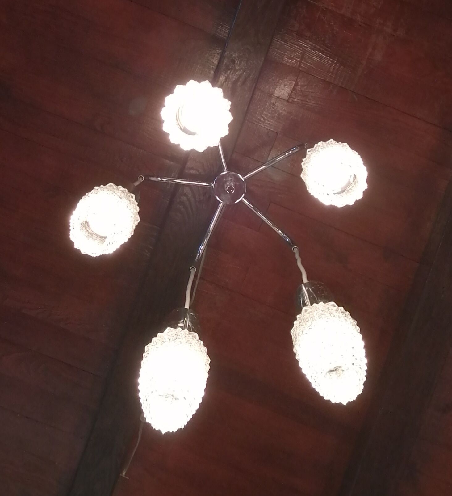 Waterfall chandelier space age 5 branches with tulips chiseled in glass 1960