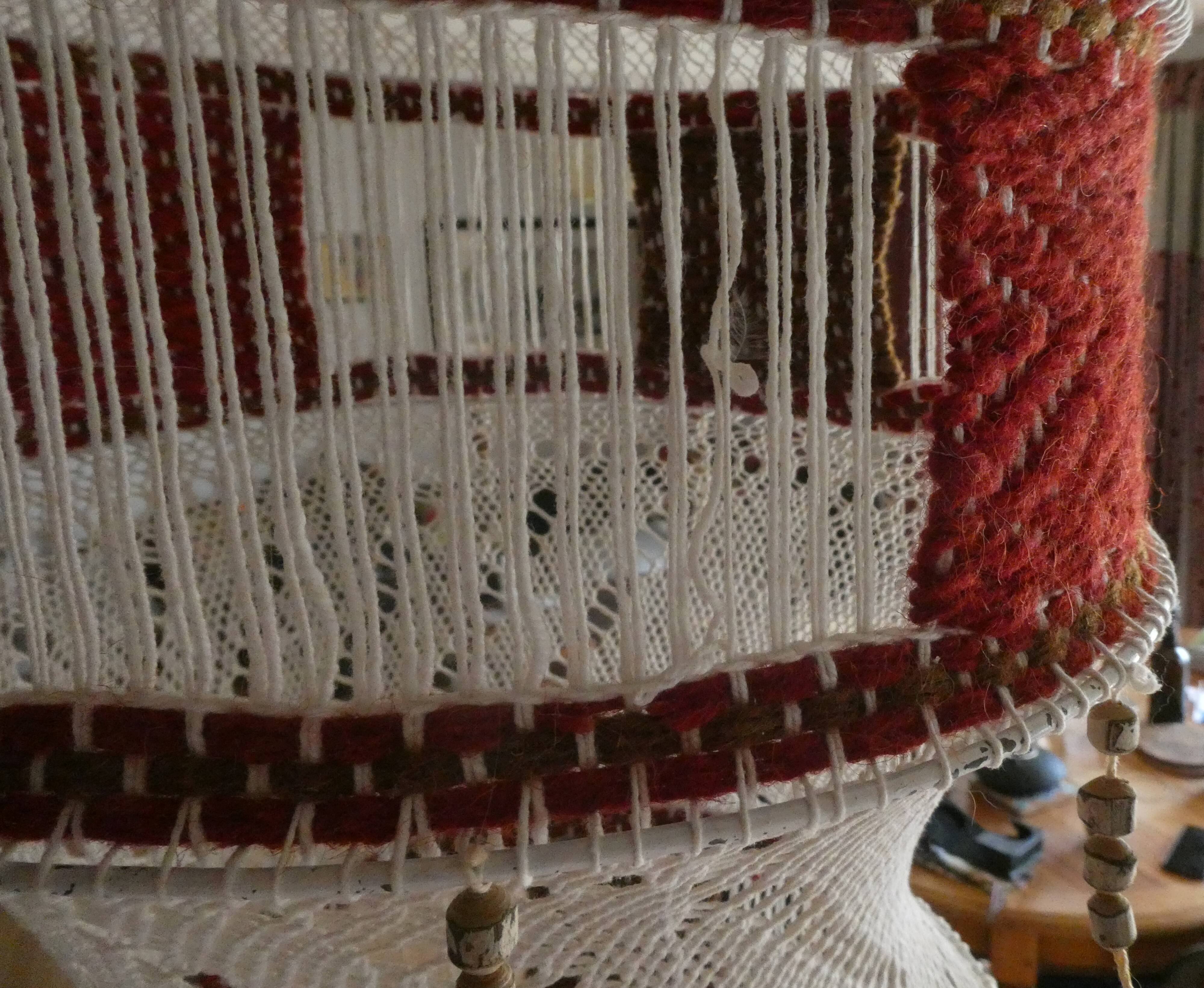 Large vintage macramé pendant lamp in cotton thread and wool, 120 cm.