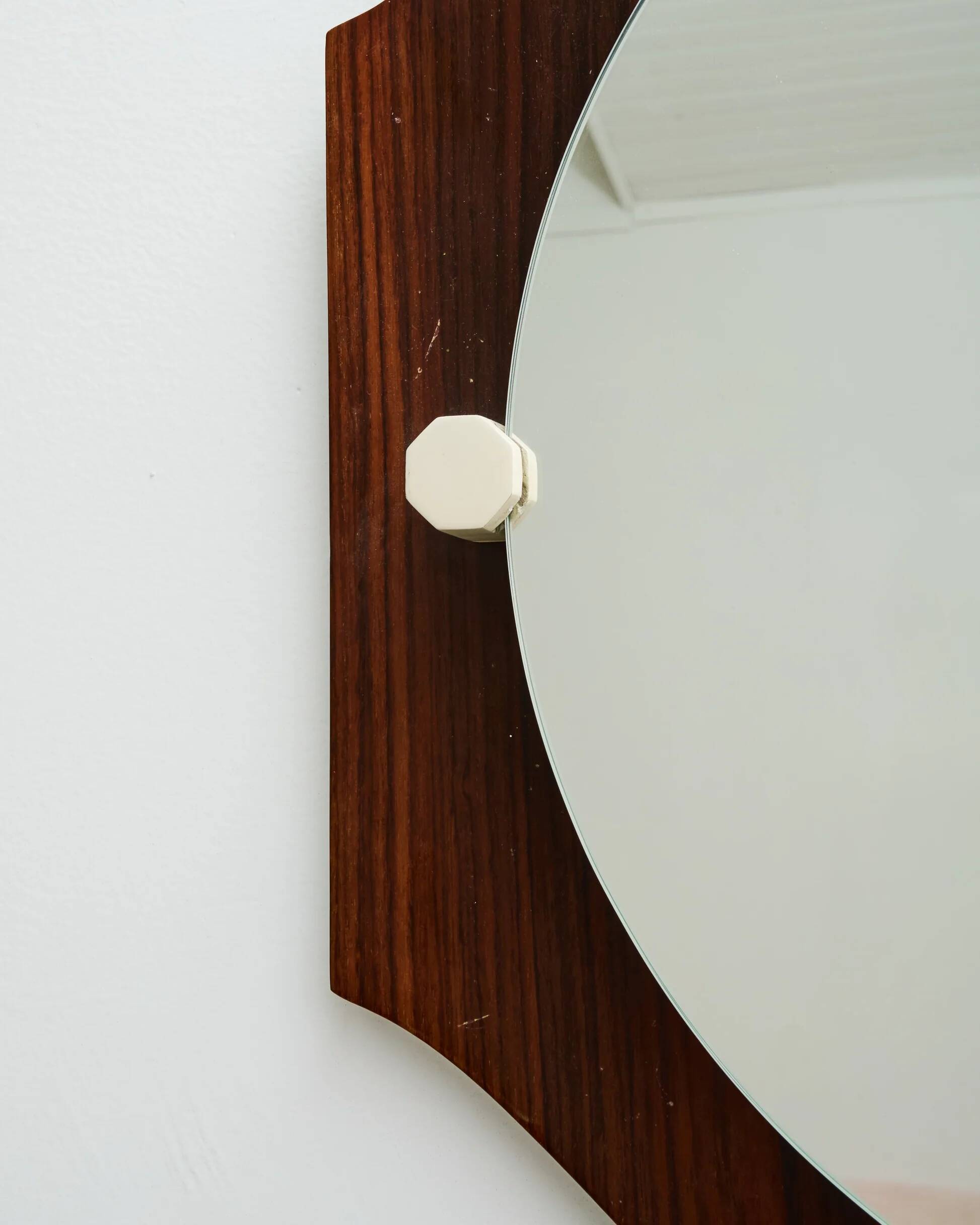 Octagonal rosewood mirror with white inlays, Italy, 1970-1980