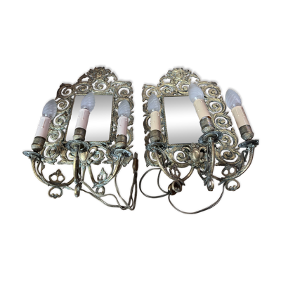 Paire d'appliques Napoléon III, miroirs biseautés, têtes de Mascaron