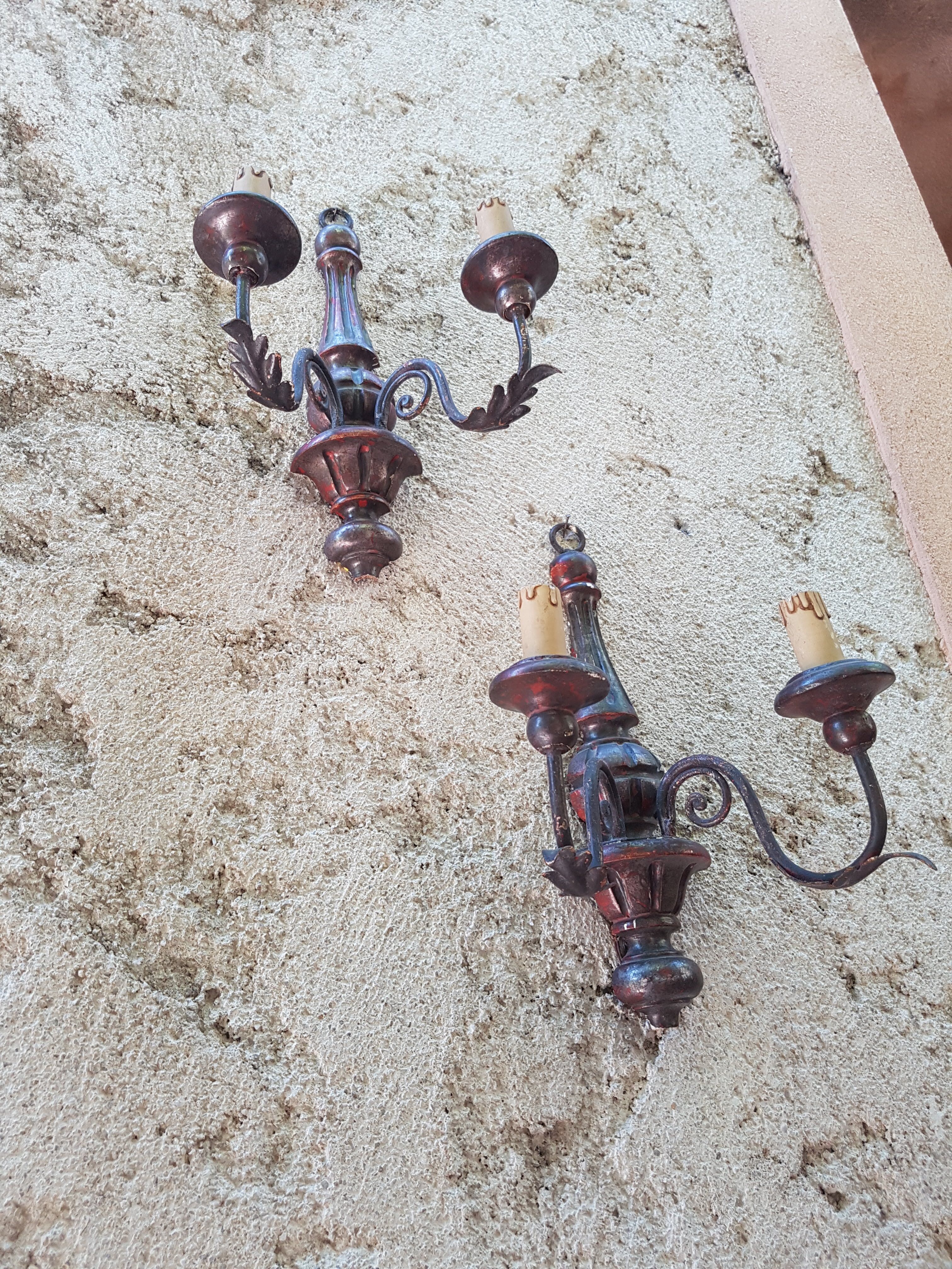 Pair of wooden and metal wall light