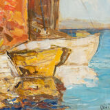 Fishing Boats in Venice, Oil on Plate, 56 x 65 cm