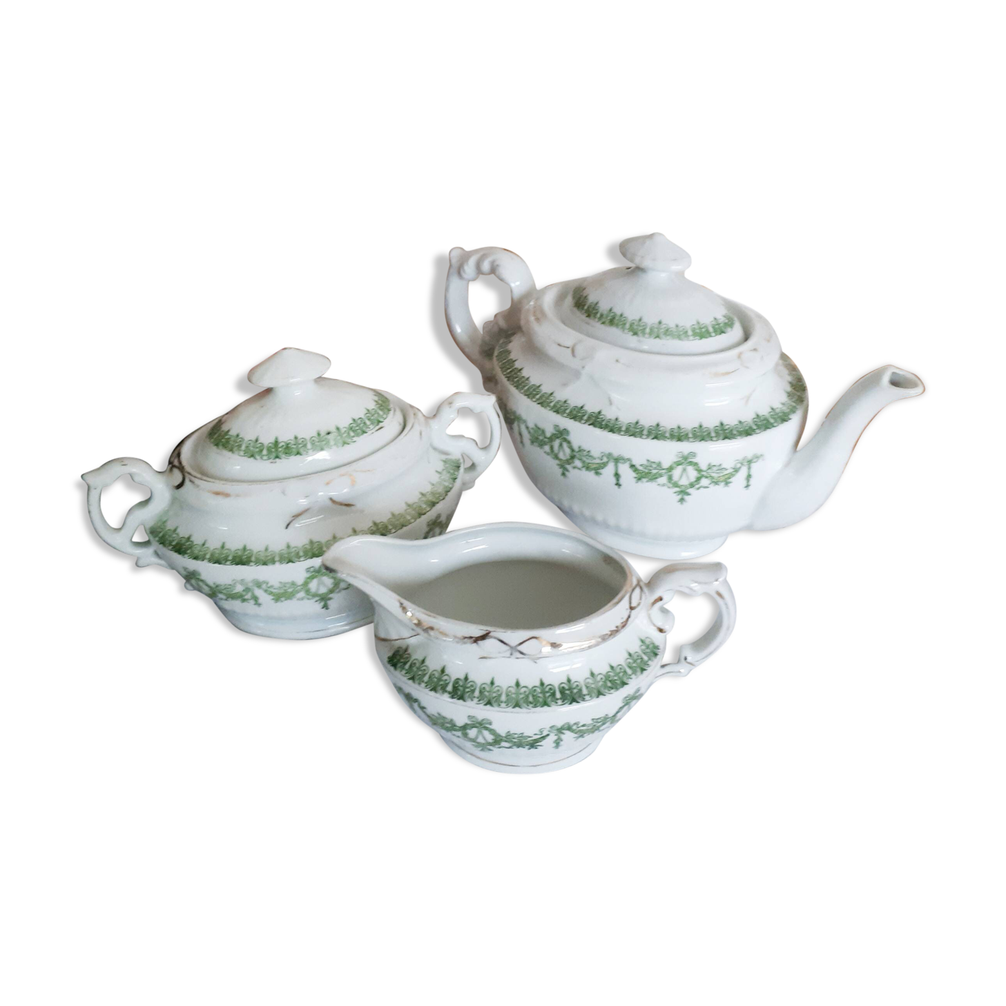 English porcelain tea set, green and gold, antique