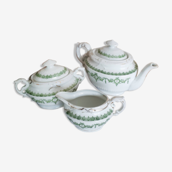 English porcelain tea set, green and gold, antique