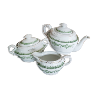 English porcelain tea set, green and gold, antique