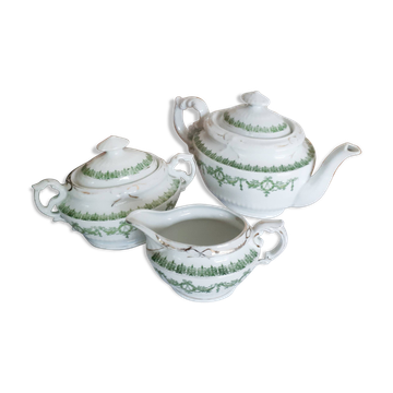 English porcelain tea set, green and gold, antique
