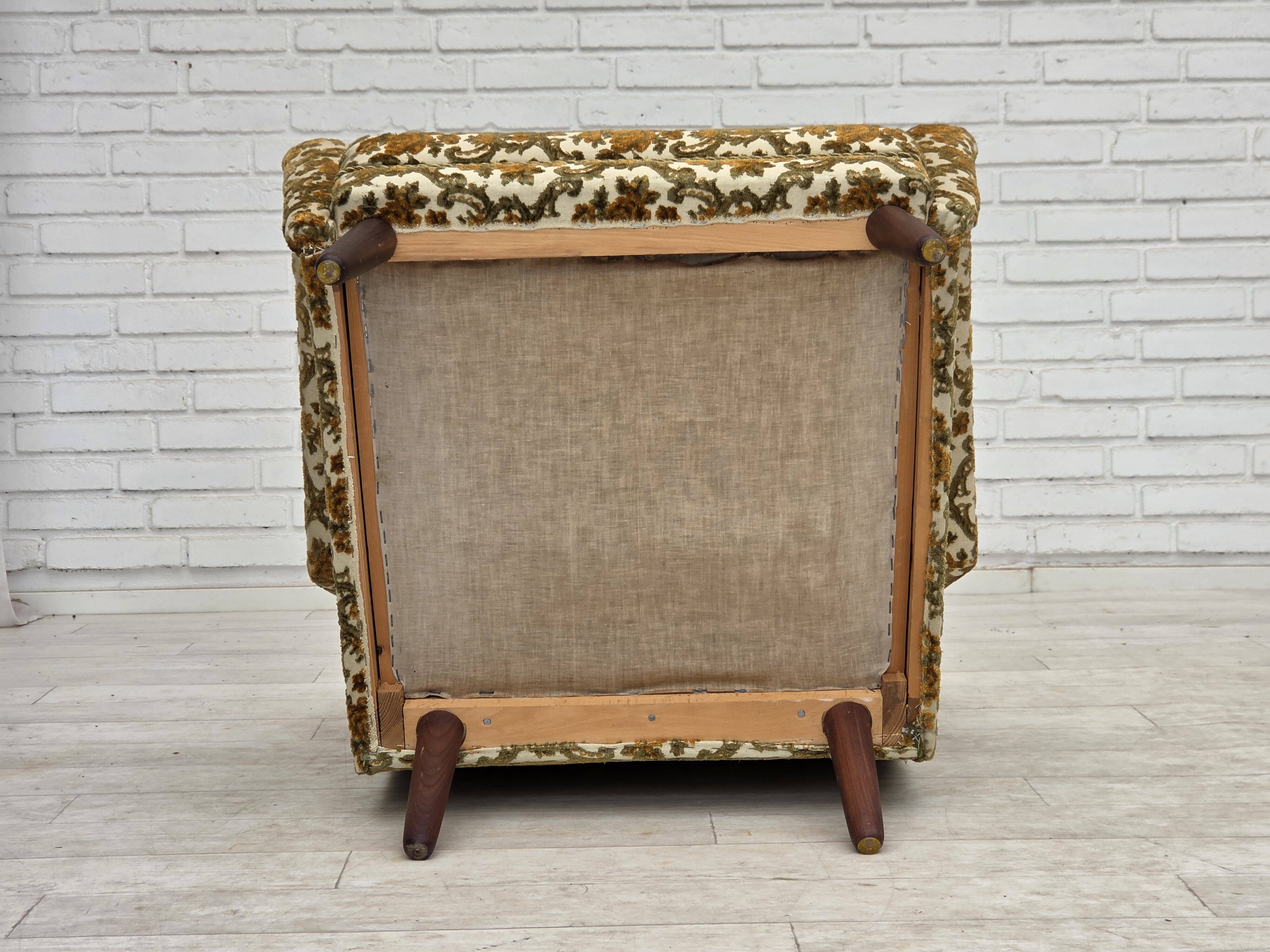 1970s, Danish highback armchair, Brown/beige furniture fabric, teak wood.