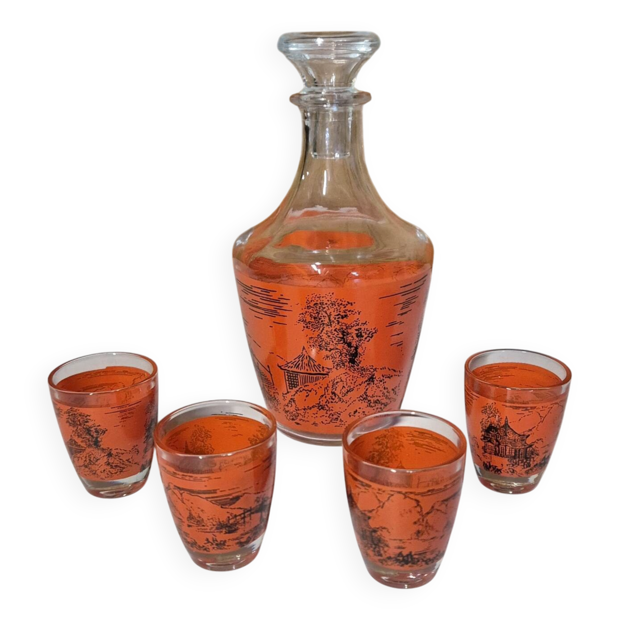 Decorated glass liqueur set, carafe and 4 glasses with asian scene