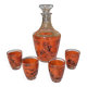 Decorated glass liqueur set, carafe and 4 glasses with asian scene