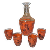 Service à liqueur en verre décoré carafe et 4 verres scène asiatique