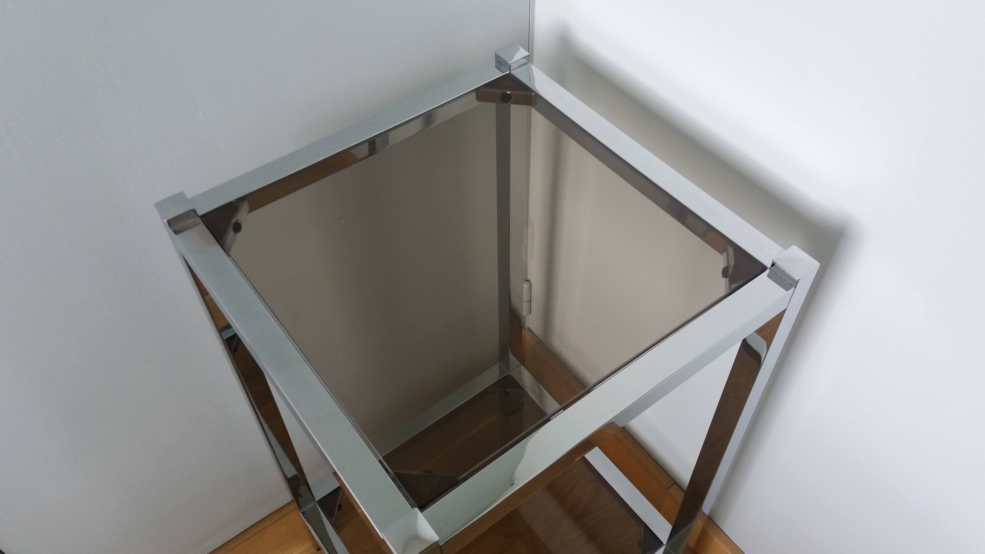 Chrome metal and smoked glass console