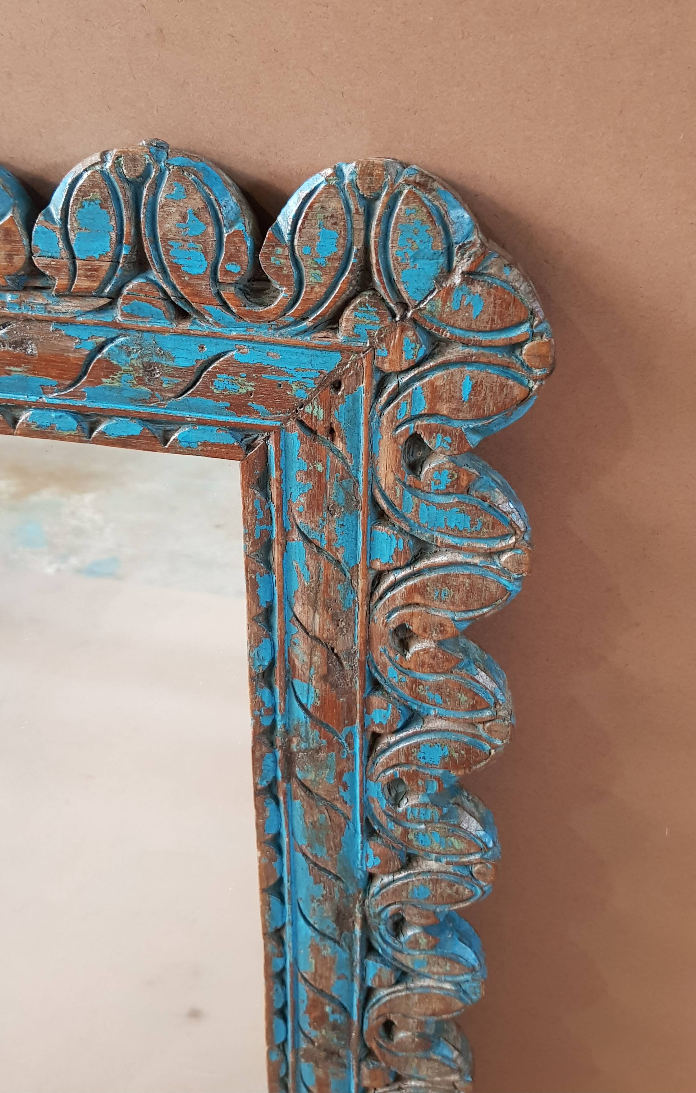 Burmese teak mirror with original blue patina