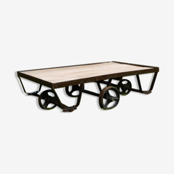 Table basse industrielle vintage chariot de marbrier ancien