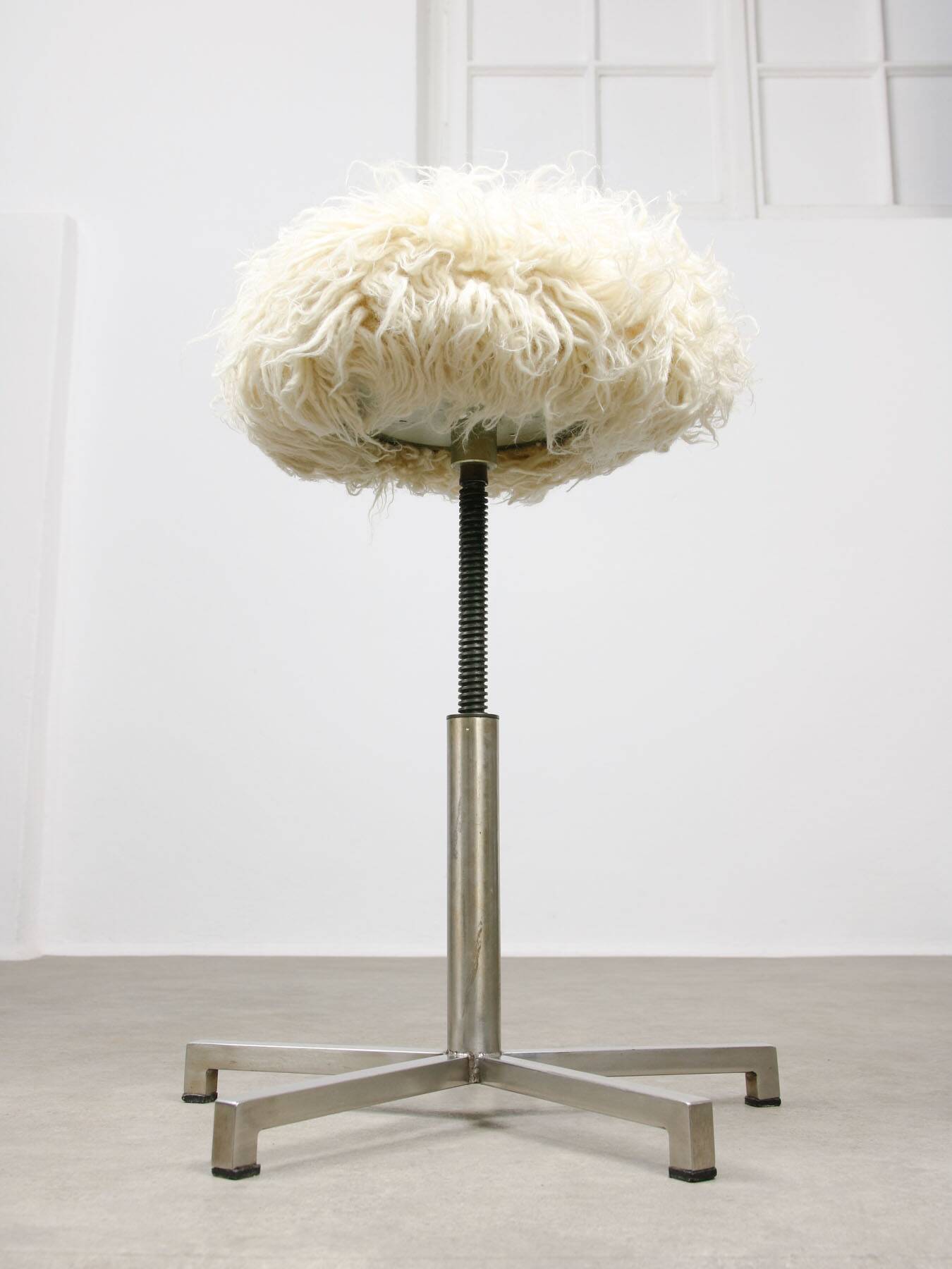 Modernist Bauhaus Swivel Stool in Chrome and Sheep, 1950s