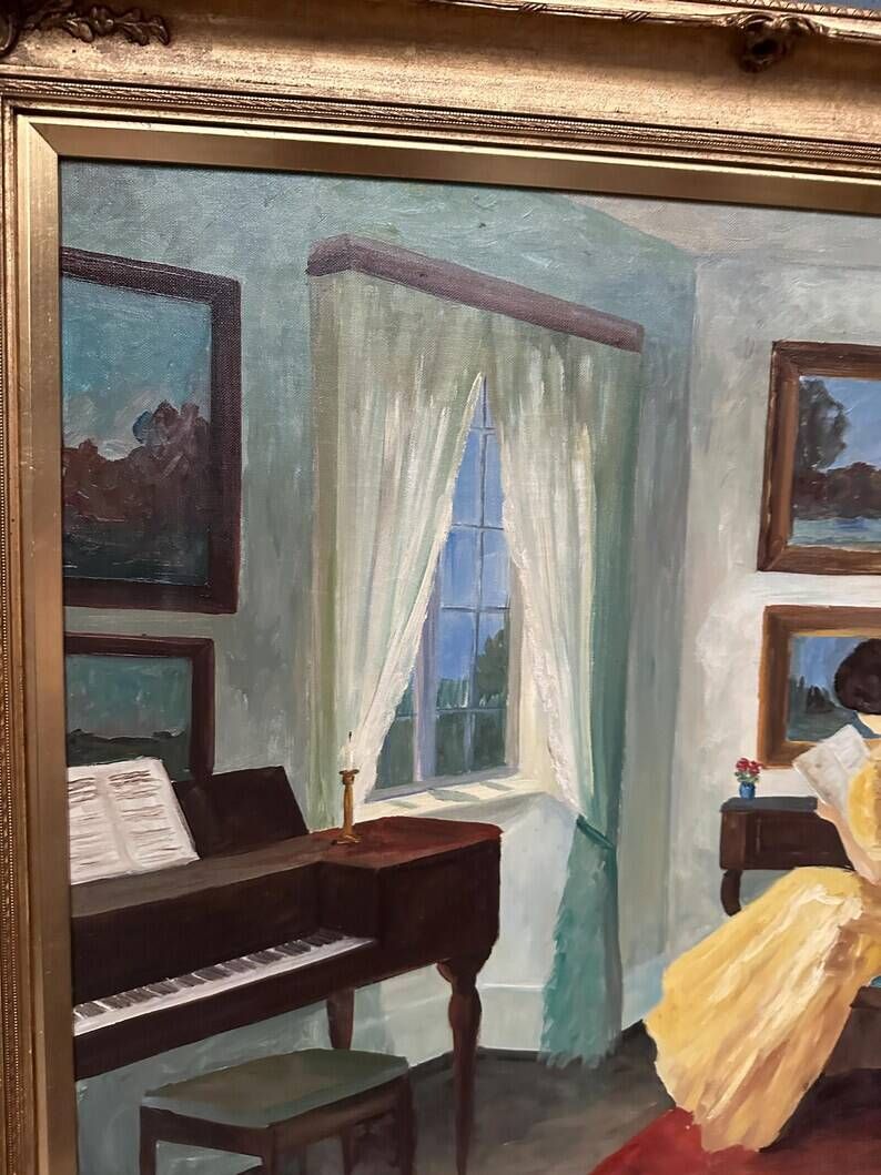 Large Original Swedish Oil on Canvas – “Interior with Reading Woman” by V. Hansen – Signed – Vintage & Framed