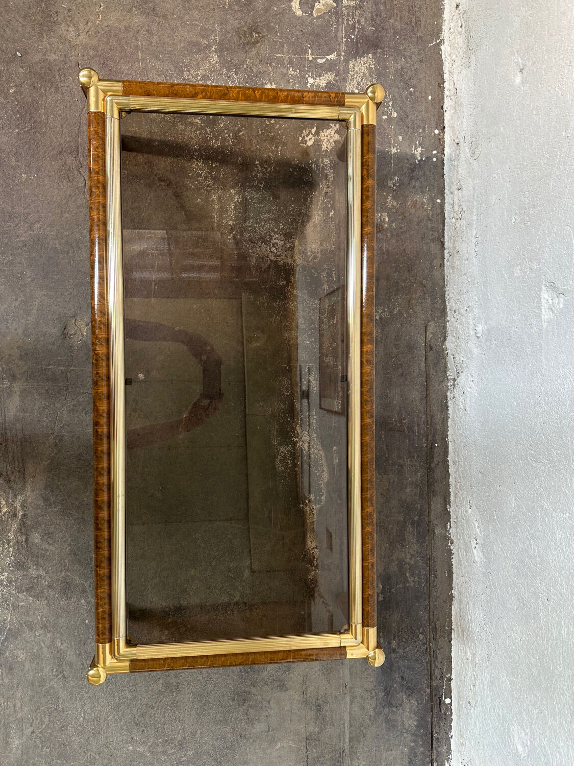 Gold-tone metal and imitation elm burl coffee table