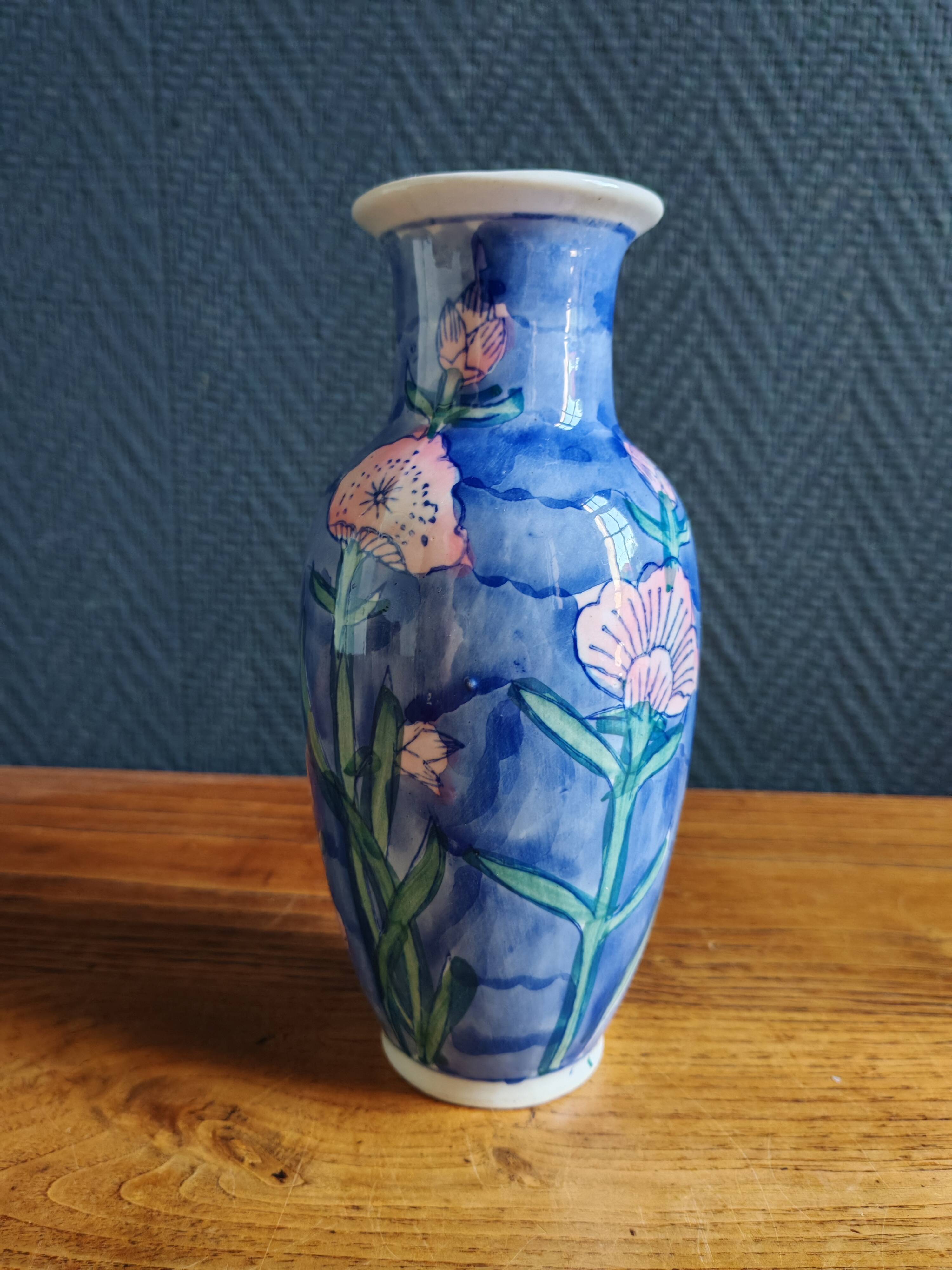 Vintage Blue Ceramic Vase with Pink Floral Decoration, Shabby Chic Style