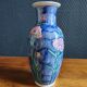 Vintage Blue Ceramic Vase with Pink Floral Decoration, Shabby Chic Style