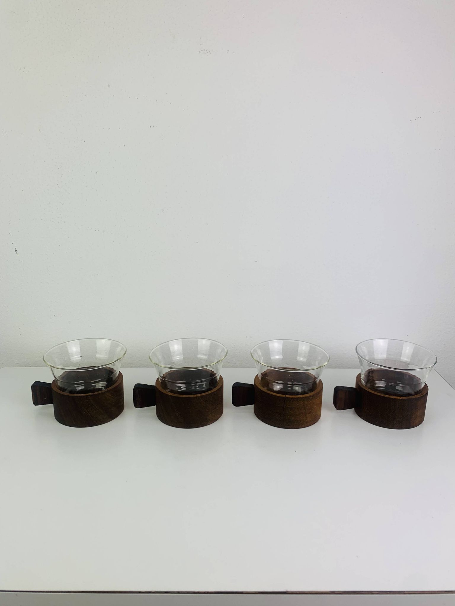 4 teak and glass cups in Scandinavian style by Schott Mainz Jena Glas, 60s