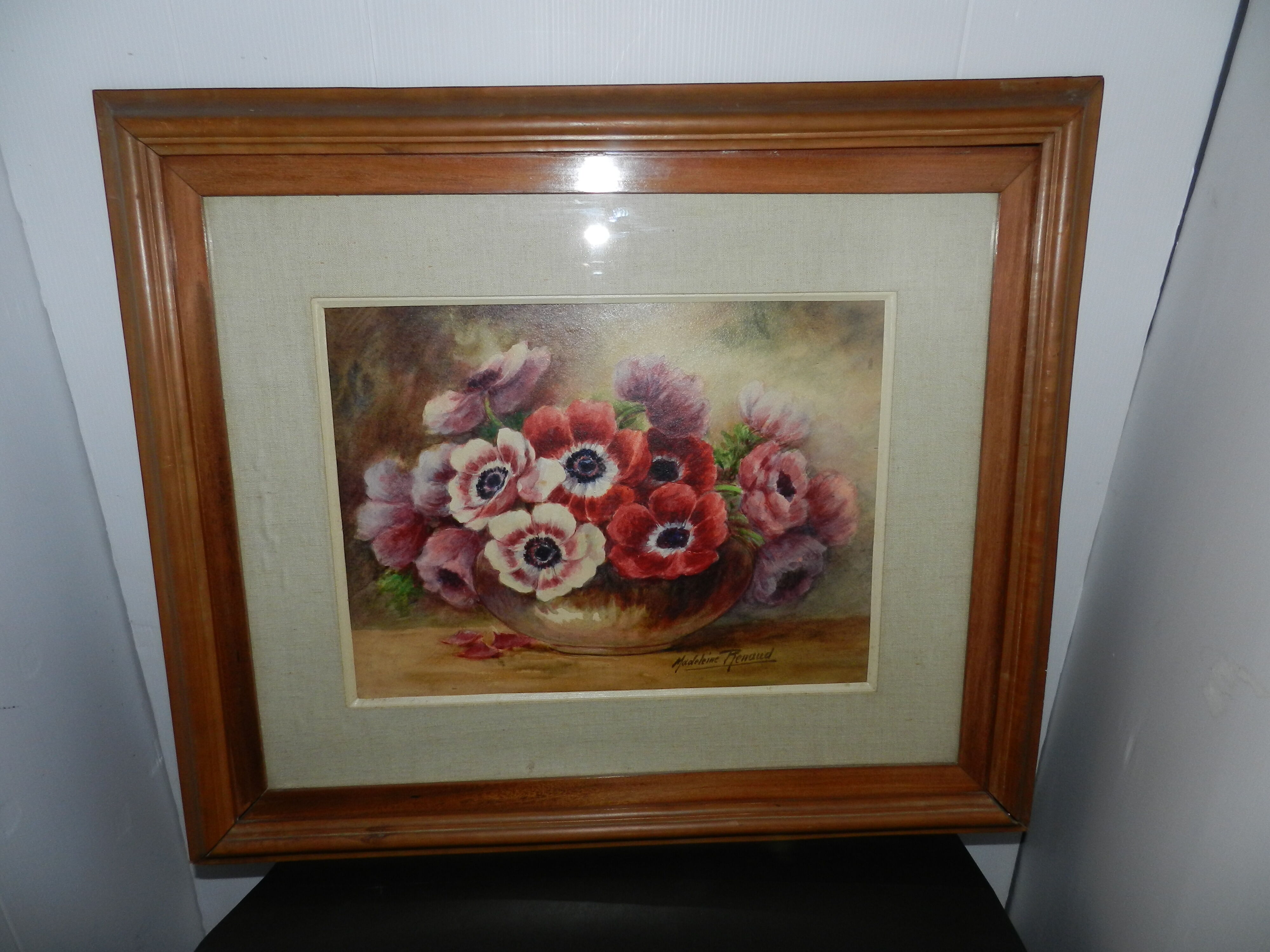 Watercolor painting framed under glass signed Madeleine Renaud