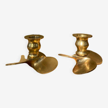 Pair of brass candle holders, helix shape