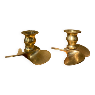 Pair of brass candle holders, helix shape