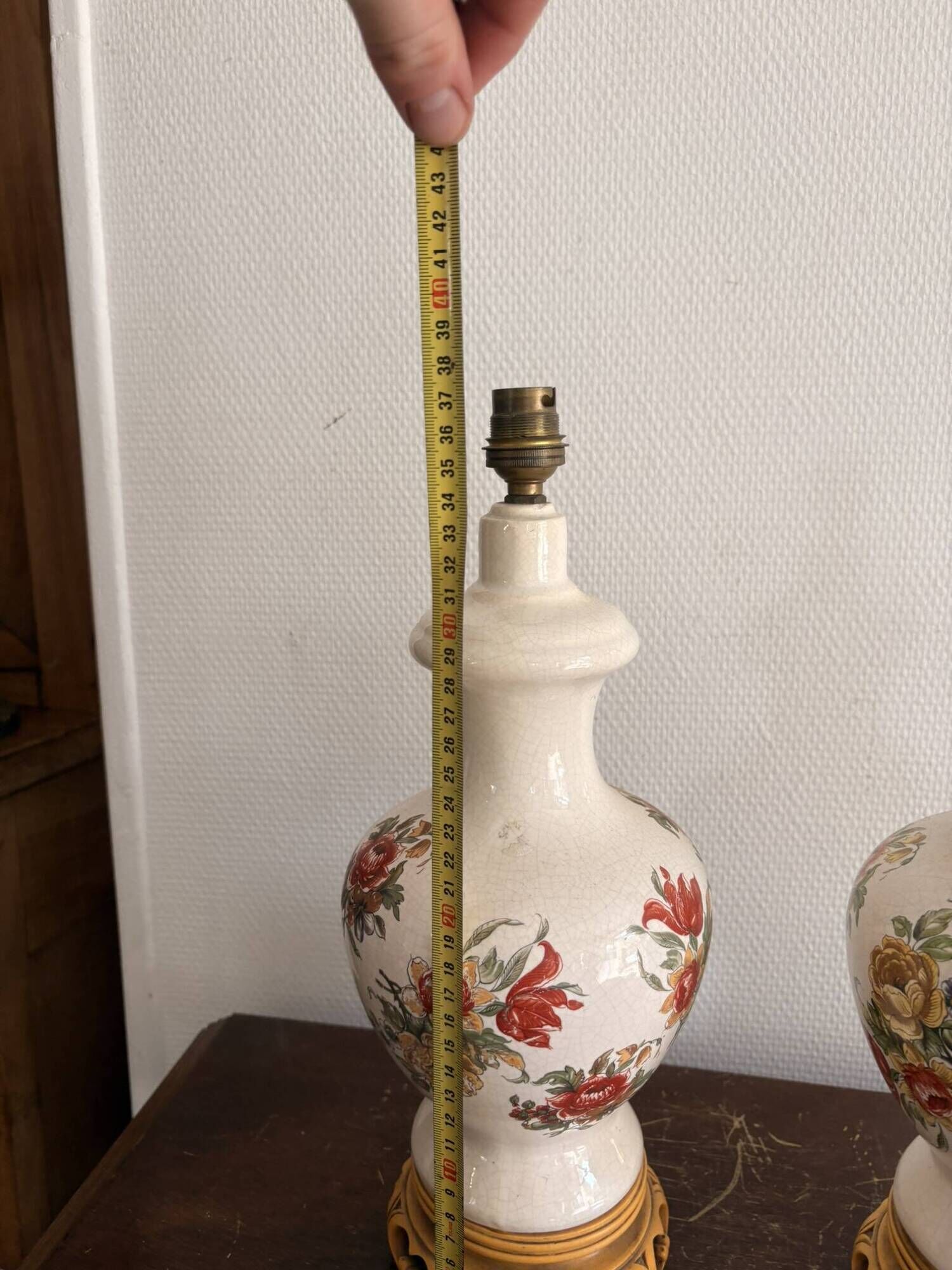 Antique Pair of Ceramic Floral Bulbous Lamps Shabby Chic