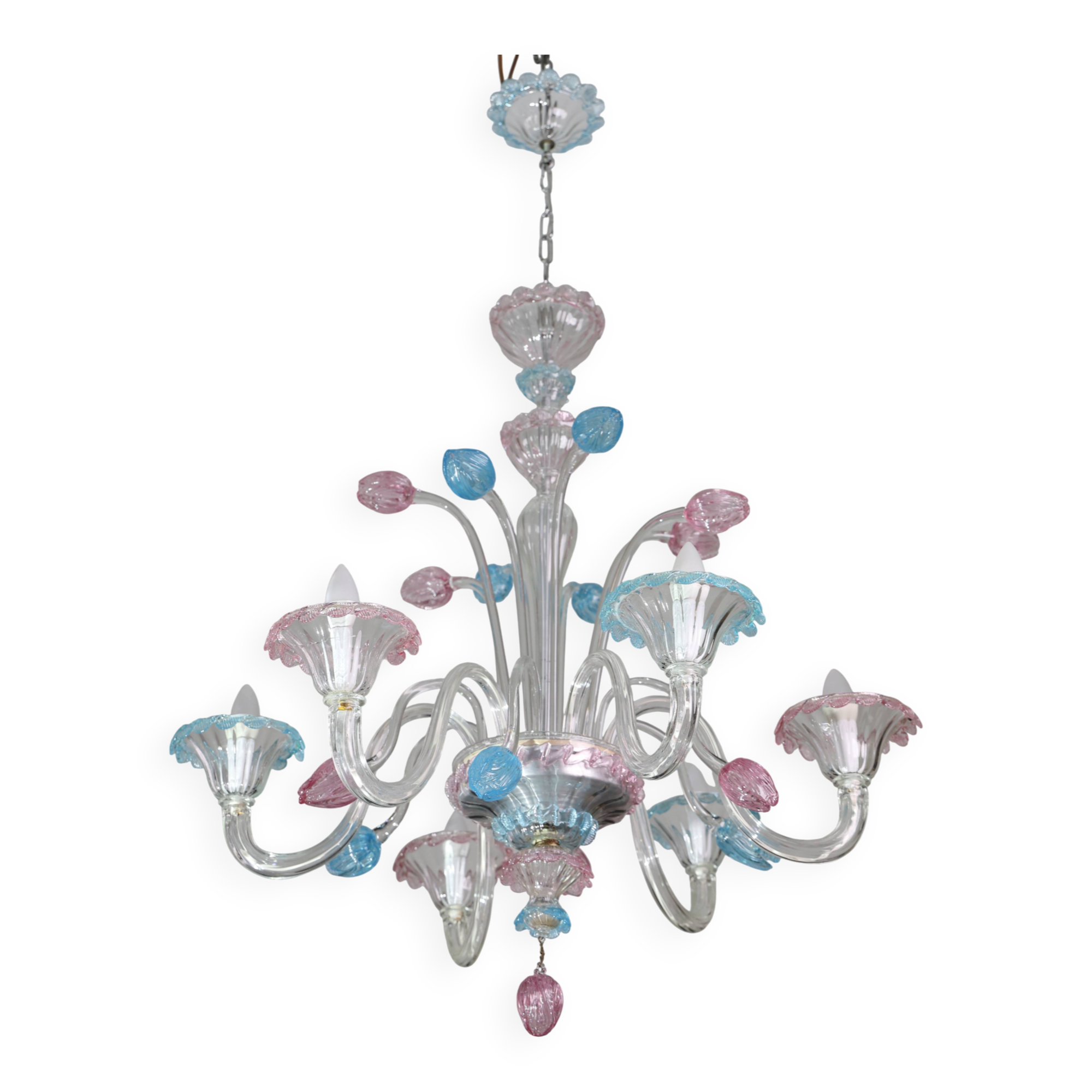 "Amsterdam" Large Size Vintage Pink and Blue Tulip Murano Glas Chandelier,