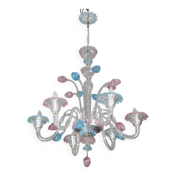 "Amsterdam" Large Size Vintage Pink and Blue Tulip Murano Glas Chandelier,