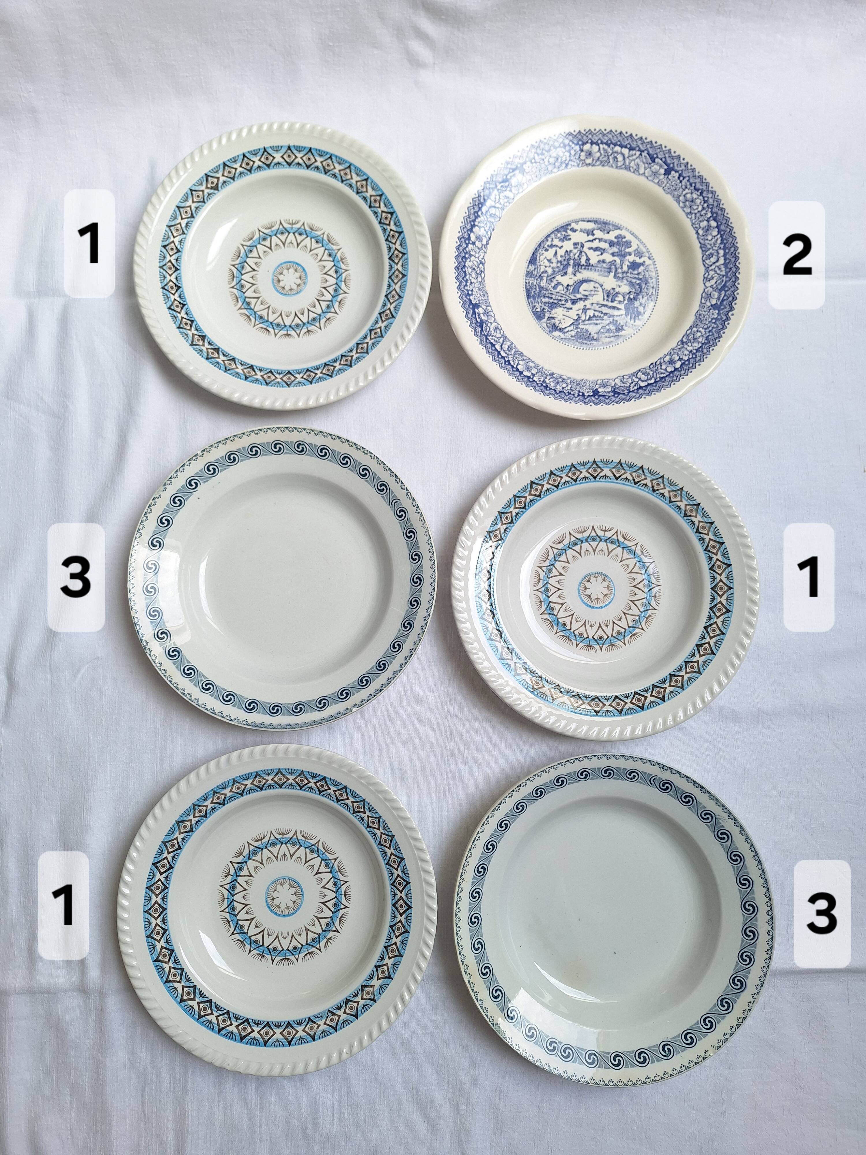 St Amand blue soup plates, Ironstone