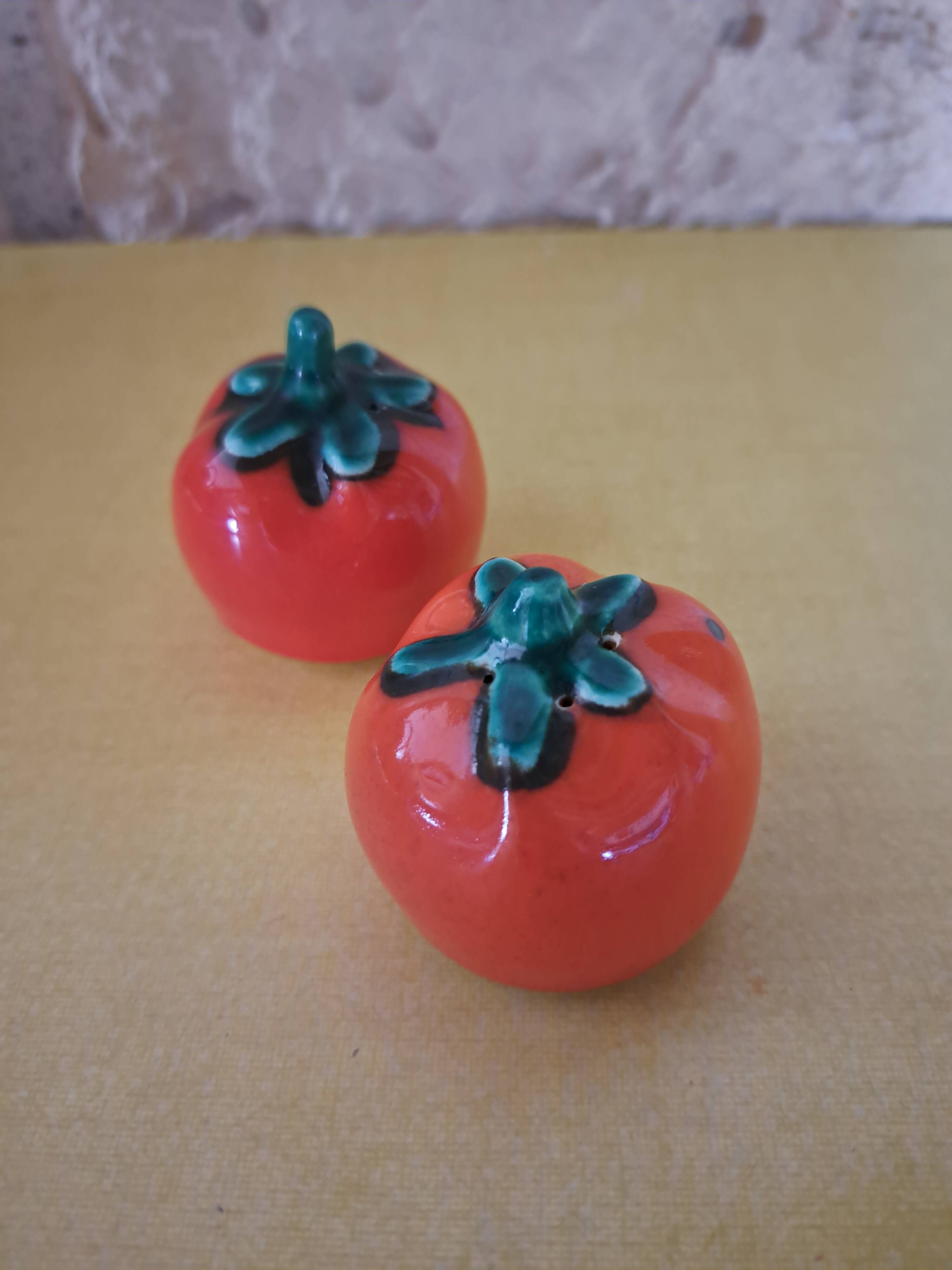 Vintage slip tomato salt and pepper shakers