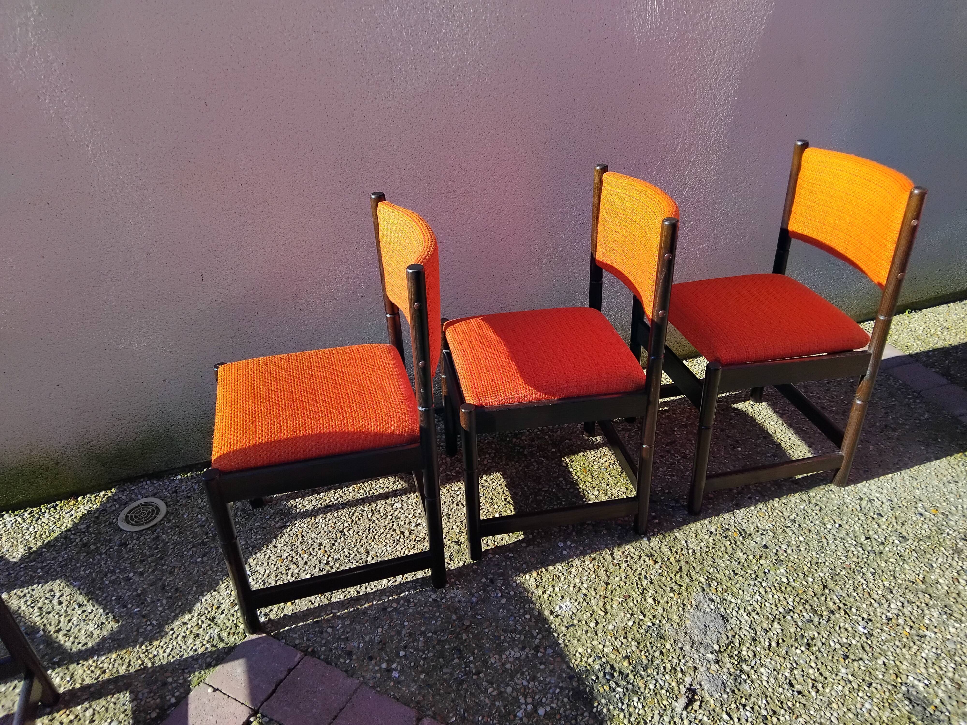 6 vintage wooden and orange fabric chairs