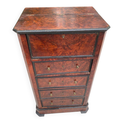 Secrétaire chiffonnier XIXe en ronce de noyer thuya & cuir doré aux fers