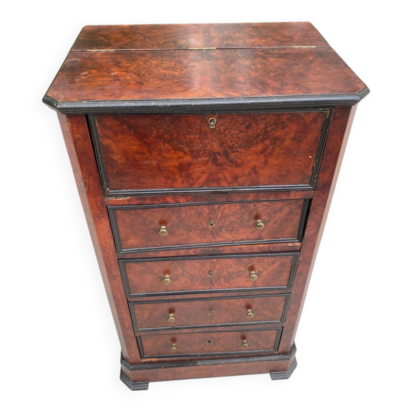 Secrétaire chiffonnier XIXe en ronce de noyer thuya & cuir doré aux fers