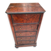 19th-century secretary chiffonnier in walnut burl & gilded leather with brass fittings.