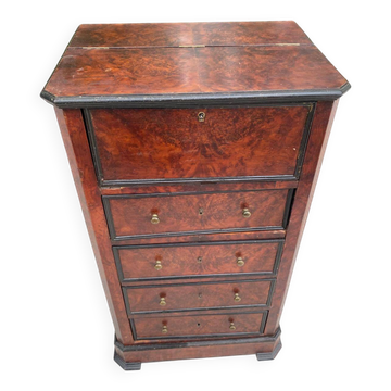 19th-century secretary chiffonnier in walnut burl & gilded leather with brass fittings.