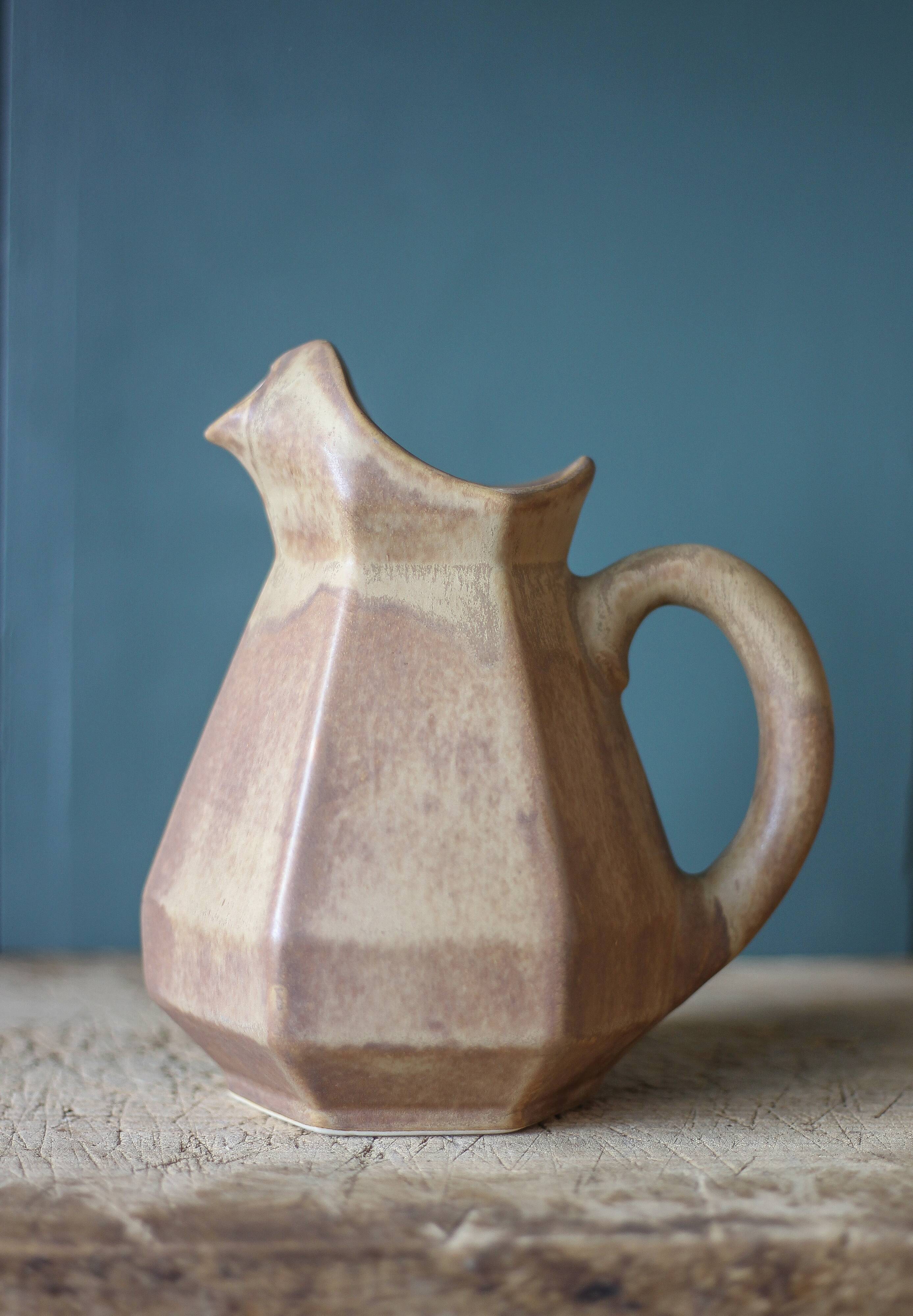 Vintage flamed stoneware pitcher, stoneware carafe, Denbac style pitcher