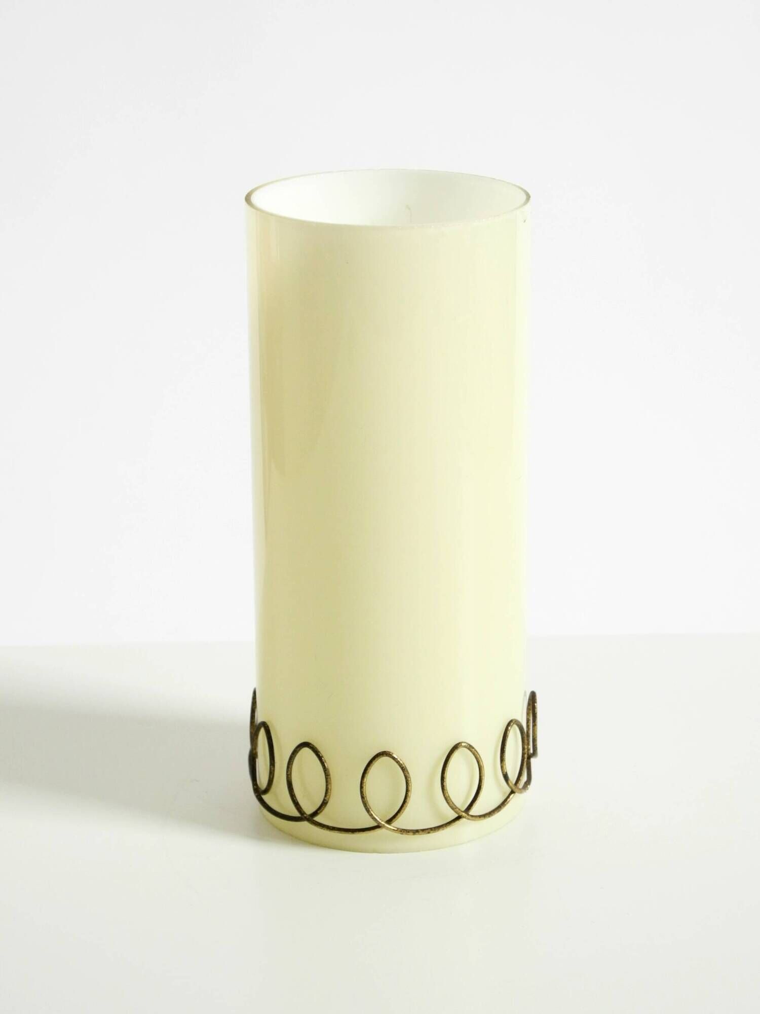 A beautiful, rare 1950s brass table lamp with one opal glass shade adorned