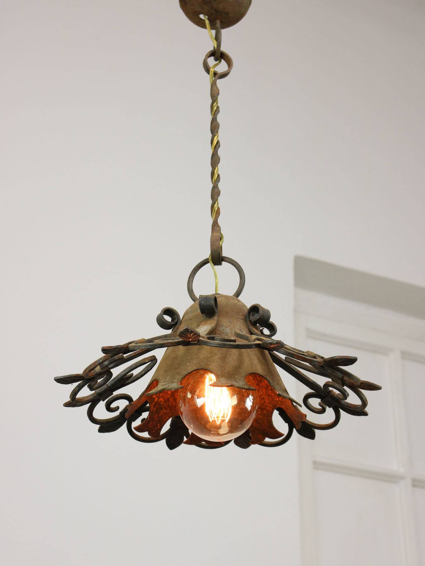 Vintage Wrought Iron Intricate Pendant Lamp, 1930s