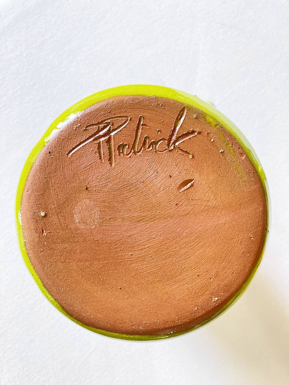 3 large green and yellow enameled ceramic cups, signed