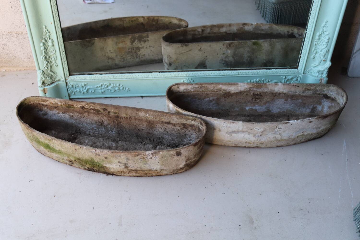 Pair of fibrecement bean-shaped planters