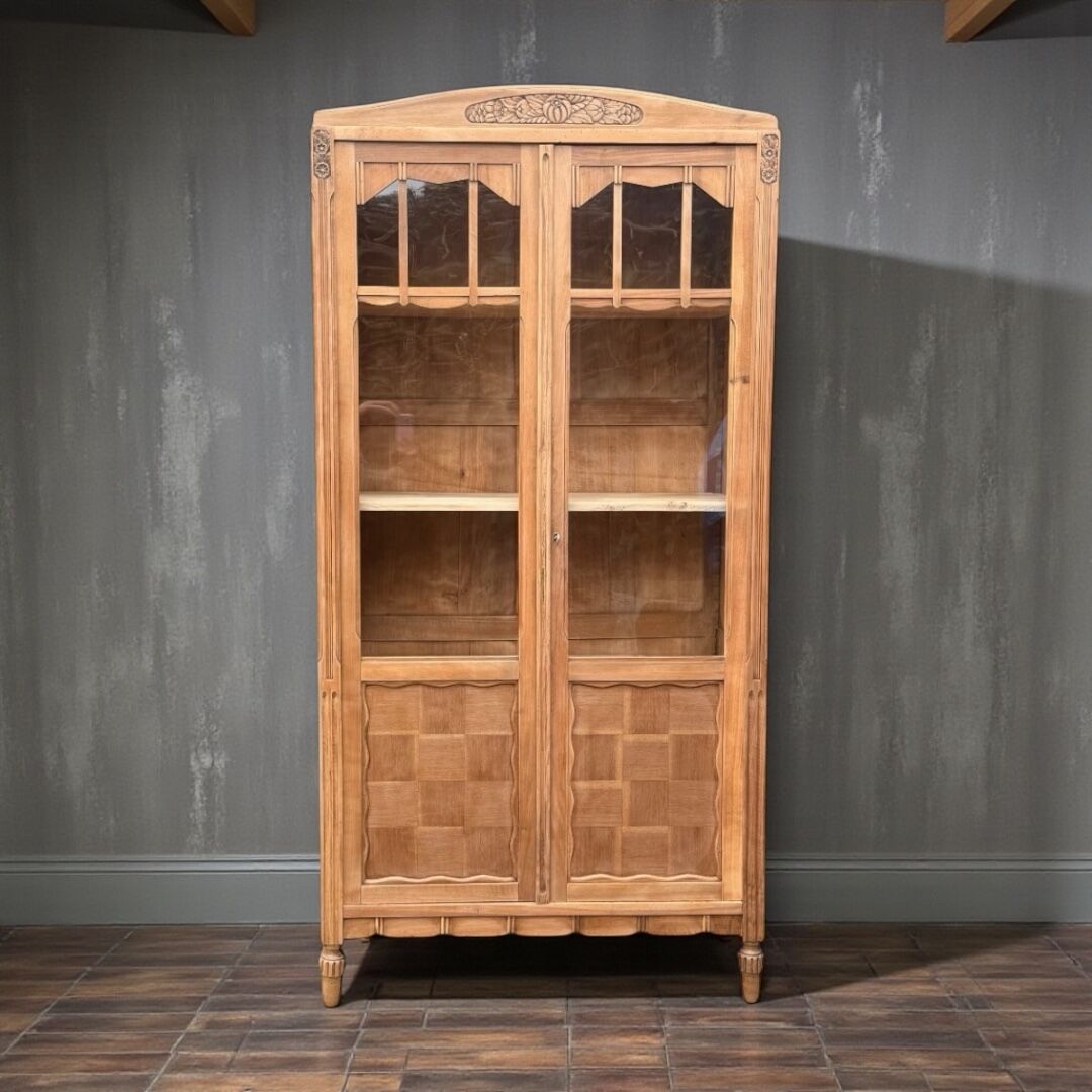 Parisian glass-fronted Art Deco wardrobe in solid raw walnut.