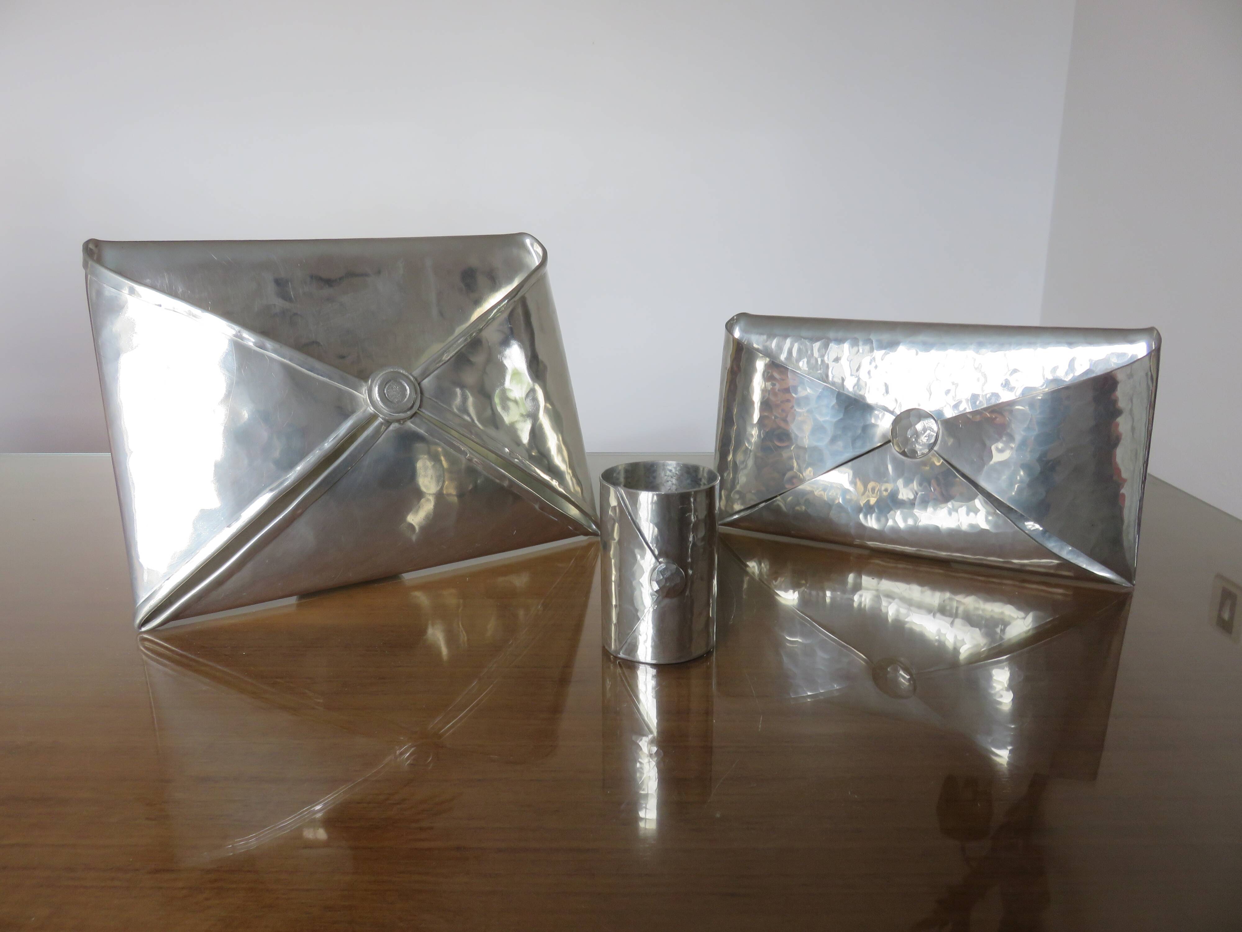 Modernist letter holder jean goardere envelope shape in shiny pewter 1970