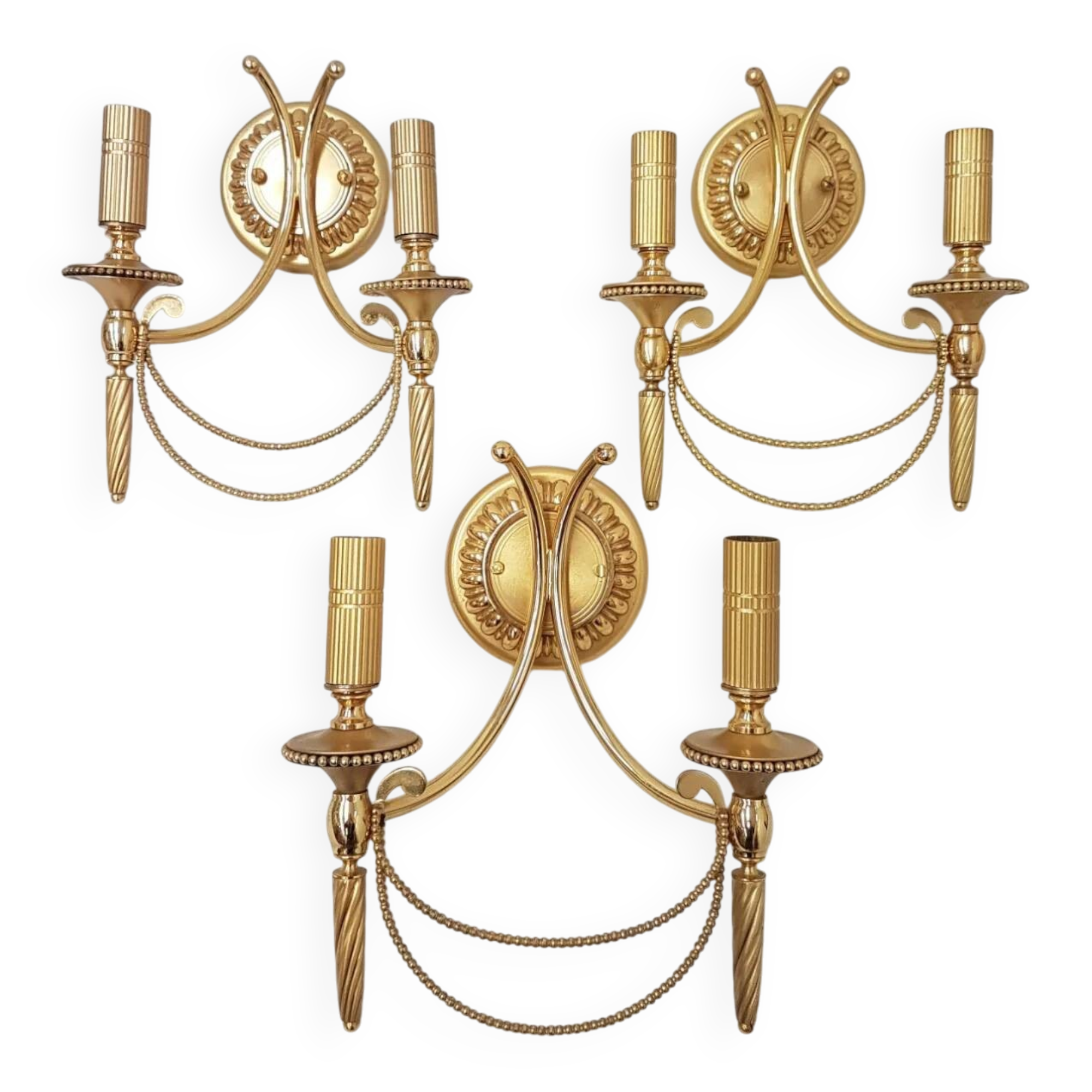Set of 3 vintage Sciolari wall lights gold plated brass Italian 1960s