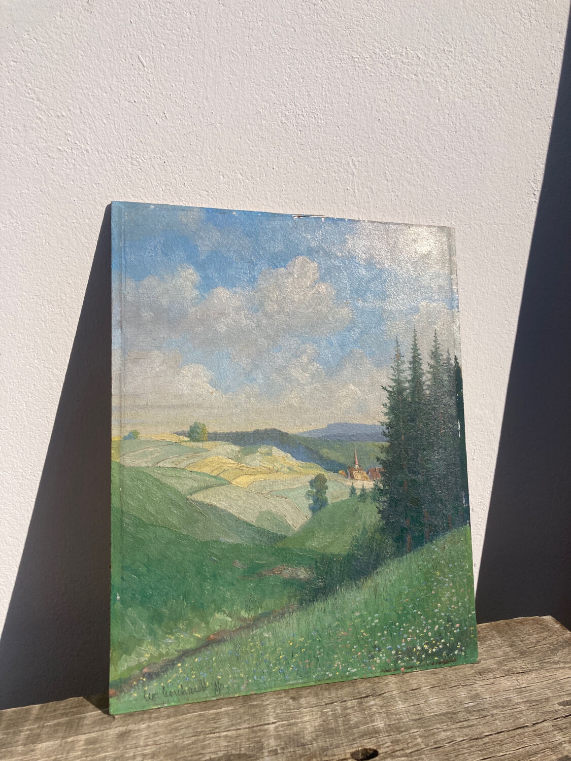 Old oil painting on wood panel / painting of a landscape