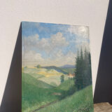 Old oil painting on wood panel / painting of a landscape