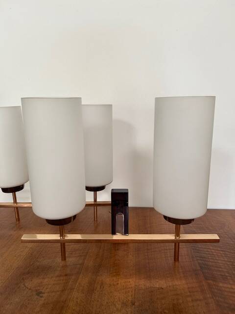 Pair of wall lights in gilded metal and opaline glass