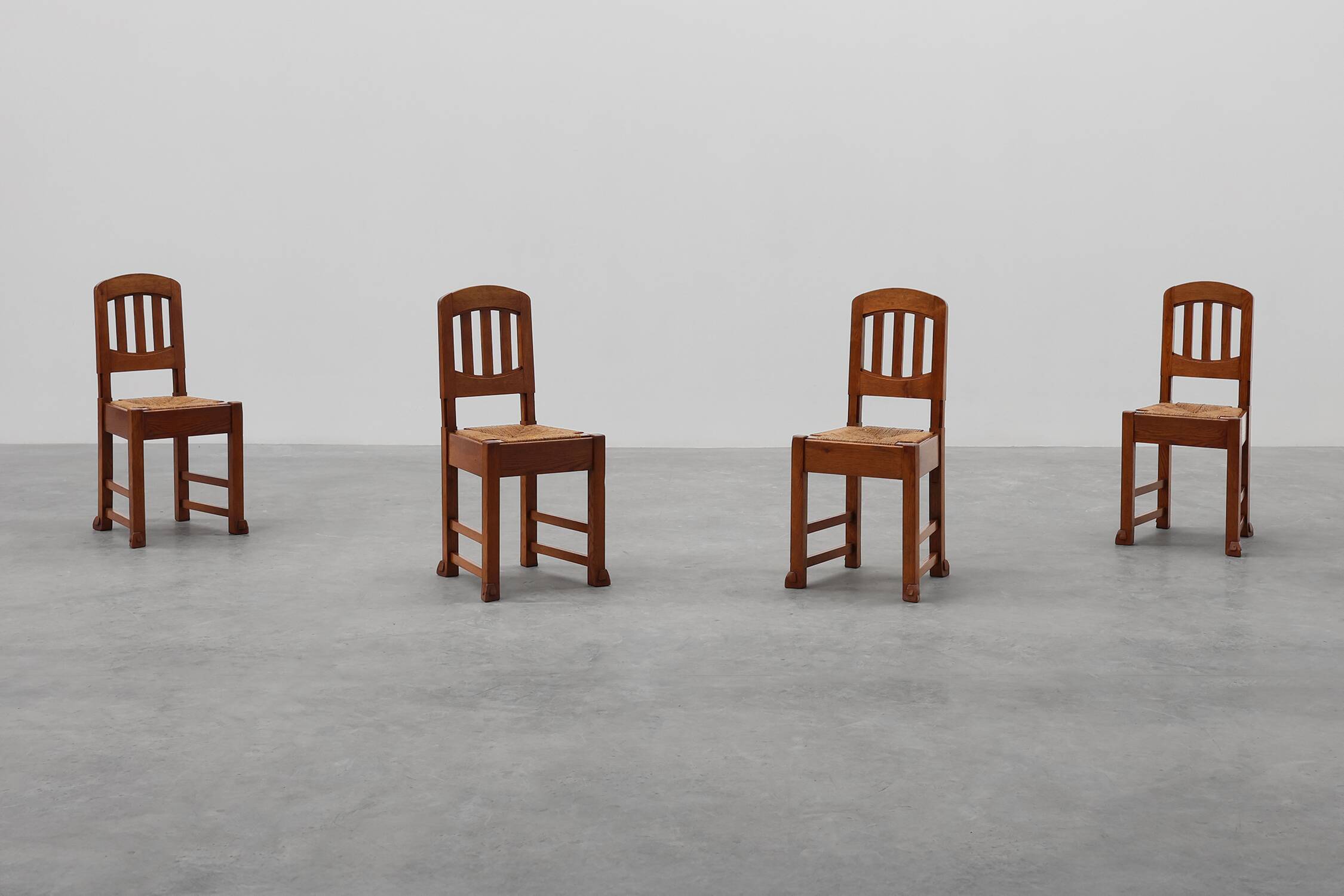 Set of 4 Early Art Deco Oak & Wicker Dining Chairs, Belgium, 1915